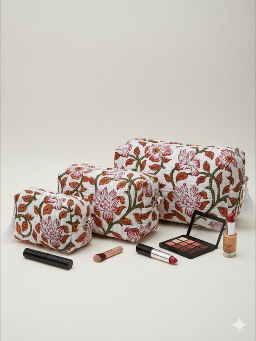 Set Of 3 Block Print Toiletry Bags, Cotton Makeup Bag, Cosmetic Bag Set, Gifts